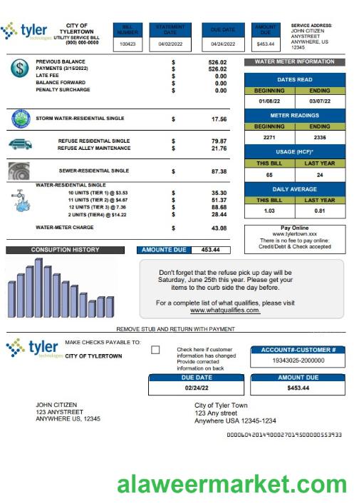 USA Tyler Technologies utility bill template in Word and PDF format